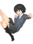  1girl amagami black_hair black_socks blue_sweater brown_eyes clenched_hand collared_shirt falling fighting_stance foreshortening grey_skirt highres kibito_high_school_uniform kneehighs long_sleeves nanasaki_ai open_mouth outstretched_arm pleated_skirt school_uniform shirt short_hair simple_background skirt socks solo sweater takenoko_saba_otto teeth thighs upper_teeth_only white_background 