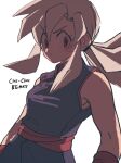  1girl alternate_eye_color alternate_hair_color breasts chi-chi_(dragon_ball) chinese_clothes commentary_request cosplay dragon_ball dragon_ball_(classic) dragon_ball_super dragon_ball_super_super_hero gohan_beast grey_hair medium_breasts ponytail red_eyes roku_(roku_0141) serious sidelocks solo v-shaped_eyebrows wristband 