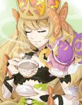  1girl artist_name blonde_hair bow butterfly_hair_ornament celine_(fire_emblem) closed_eyes closed_mouth crossover crown cup dress eyelashes fire_emblem fire_emblem_engage flower hair_flower hair_ornament highres holding holding_cup long_hair orange_bow platinum_ami pokemon pokemon_(creature) polteageist tea teacup upper_body very_long_hair wrist_bow 