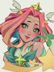  1girl artist_name bare_shoulders blonde_hair bow bowtie colored_skin cropped_torso fang gem green_bow green_bowtie green_skin hair_ornament head_wings hele_bun highres league_of_legends multicolored_hair neeko_(league_of_legends) parted_bangs red_hair simple_background solo star_(symbol) star_guardian_neeko star_hair_ornament teeth two-tone_hair upper_body upper_teeth_only v white_background wings 
