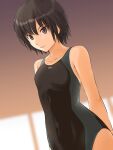  1girl amagami black_eyes black_hair black_one-piece_swimsuit blush bob_cut breasts commentary_request competition_swimsuit covered_navel highres looking_at_viewer medium_breasts nanasaki_ai one-piece_swimsuit short_hair simple_background smile solo swimsuit takenoko_saba_otto 