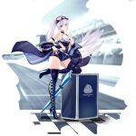  1girl absurdres azur_lane bare_shoulders boots breasts cleavage closed_mouth closed_umbrella collarbone dress elbow_gloves enterprise_(azur_lane) enterprise_(wind_catcher)_(azur_lane) eyewear_on_headwear full_body gloves grey_hair high_heel_boots high_heels highres latex latex_boots latex_dress latex_gloves leg_up long_hair looking_at_viewer medium_breasts official_alternate_costume ponytail purple_eyes race_queen short_dress single_glove skirt smile solo sunglasses suo_bu_ye_feng thigh_boots thighhighs thighs umbrella very_long_hair 