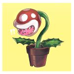  !? :o biting blue_eyes blush blush_stickers border chiimako closed_mouth commentary_request flower_pot kirby kirby_(series) leaf mario_(series) no_humans open_mouth piranha_plant plant potted_plant sharp_teeth simple_background star_(symbol) teeth white_border yellow_background 