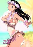  1girl areola_slip black_eyes black_hair breasts closed_mouth dancing dytm flower flower_bracelet flower_necklace from_side highres large_breasts long_hair looking_at_viewer looking_to_the_side original outstretched_arm skirt smile solo standing tan topless 