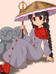  ajirogasa aokicosumo black_hair braid brown_headwear buttons capelet clothes_writing dress frilled_hat frills grey_dress hat highres long_earlobes long_hair red_eyes sandals single_strap touhou twin_braids yatadera_narumi 