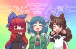  3girls ;d animal_ears artist_request blouse blue_bow blue_hair bow brooch brown_hair cape covered_mouth dress drill_hair fang frills green_kimono hair_bow head_fins imaizumi_kagerou japanese_clothes jewelry kimono long_hair long_sleeves looking_at_viewer mermaid monster_girl multiple_girls one_eye_closed outline rainbow_gradient red_eyes red_hair sash sekibanki shirt short_hair smile tail touhou v-shaped_eyebrows wakasagihime white_outline wolf_ears wolf_tail 