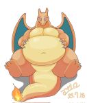  2023 3_fingers 3_toes anthro biped bodily_fluids charizard digital_media_(artwork) feet fingers generation_1_pokemon hi_res huge_belly j1110_tanuki male musclegut navel nintendo nude pecs pokemon pokemon_(species) simple_background solo sweat sweatdrop thick_thighs toes wide_hips 