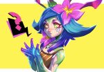  1girl ? bangs blue_skin closed_mouth colored_skin flat_chest flower freckles from_side green_hair green_skin hair_flower hair_ornament highres league_of_legends looking_at_viewer medium_hair neeko_(league_of_legends) own_hands_together pink_flower reagan_long shiny_skin slit_pupils solo swept_bangs white_background yellow_background 