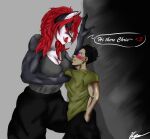  absurd_res anthro big_breasts big_dom_small_sub blush breasts canid canine canis demon dominant dominant_female female flirting fur glowing glowing_eyes grey_body grey_fur hair hi_res human male male/female mammal pinned pinned_to_wall red_eyes red_hair size_difference soldier_uniform tomboy white_body wolf 