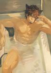  1boy abs absurdres animal_ears bandaid bandaid_on_cheek bandaid_on_face bara bathing bathtub brown_hair cat_ears facial_hair feet_out_of_frame from_above goatee highres large_pectorals le_zhang_zhang leg_up looking_at_viewer male_focus muscular muscular_male nipples nude original partially_submerged pectorals seductive_smile short_hair smile soap_bubbles solo stomach thighs wet wet_hair 