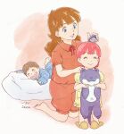  1boy 2girls :d barefoot blue_eyes blue_pajamas brown_footwear brown_hair brushing_hair child clare_barbland dated ginga_hyouryuu_vifam hair_brush highres kneeling kujira_gunsou lying multiple_girls on_stomach pajamas pillow pink_hair red_pajamas short_hair short_sleeves slippers smile stuffed_toy yellow_pajamas 