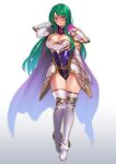  1girl arm_behind_head armor blush boots breastplate breasts cape cecilia_(fire_emblem) cleavage d.chikusou detached_sleeves elbow_gloves fire_emblem fire_emblem:_the_binding_blade gloves gold_trim gradient_background gradient_clothes green_eyes green_hair highres hip_armor large_breasts leotard long_hair mature_female pauldrons purple_cape purple_leotard shoulder_armor skin_tight smile solo thigh_boots thighs 