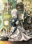  1girl blonde_hair book closed_eyes colored_pencil_(medium) dress english_commentary floor flower highres juliet_sleeves long_sleeves mechanical_arms on_floor painting_(object) picture_frame pink_ribbon puffy_sleeves ribbon seiza shu_graphic sitting solo traditional_media typewriter vase violet_evergarden violet_evergarden_(series) wall white_dress 