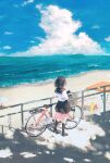  1girl beach bicycle bicycle_basket black_footwear black_hair black_sailor_collar black_skirt black_socks blue_sky cloud day highres kneehighs ocean original outdoors railing sailor_collar saisho_(qpoujr) sand scenery school_uniform serafuku short_hair skirt sky socks solo water 