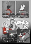  2023 absurd_res anthro beauchamp_(halcyon) book clothed clothing comic dialogue digital_media_(artwork) duo english_text fur greyscale hair halcyon_(series) herba_(halcyon) hi_res lagomorph leporid lost_andsafe male male/male mammal monochrome mouse murid murine open_mouth rabbit reading rodent simple_background smile text white_body white_fur 