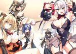  1boy 4girls absurdres aqua_eyes black_hair blonde_hair blue_eyes breasts brown_hair elfine_phillet fang halloween_costume highres jack-o&#039;-lantern keigen_hichou large_breasts leonis_death_magnus leotard long_hair looking_at_viewer lyseria_christaria maid multiple_girls no_bra otoko_no_ko purple_eyes regina_mercedes sakuya_sieglinde seiken_gakuin_no_maken_tsukai short_hair thighhighs twintails white_hair witch 