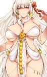  1girl absurdres armlet bare_shoulders belly_chain blush body_markings breasts cleavage collarbone colored_skin durga_(fate) earrings fate/grand_order fate_(series) gradient_skin grey_hair hair_ribbon highres jewelry large_breasts long_hair looking_at_viewer pelvic_curtain red_eyes red_skin revealing_clothes ribbon sash snake solo thick_thighs thighs tsukasawa_takamatsu very_long_hair 