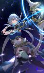  1girl absurdres annihilate_ray armor armpits arrow_(projectile) blue_eyes blue_hair boots bow_(weapon) breastplate drawing_bow gloves glowing_arrow hair_between_eyes highres holding holding_bow_(weapon) holding_weapon shoulder_armor sinon sinon_(solus) solo sword_art_online sword_art_online:_alicization thigh_boots twitter_username weapon yappo_(point71) 
