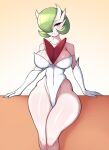  2023 absurd_res anthro armwear bedroom_eyes big_breasts blush breasts clothed clothing digital_media_(artwork) dress female gardevoir generation_3_pokemon gloves green_hair hair half-closed_eyes handwear hi_res looking_at_viewer male mega_evolution mega_gardevoir narrowed_eyes nintendo partially_clothed pokemon pokemon_(species) saltyxodium seductive simple_background sitting smile smiling_at_viewer smirk smirking_at_viewer solo thick_thighs topwear white_body wide_hips 