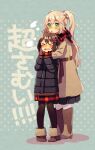  2girls black_hair blonde_hair boots breath brown_coat coat en_or green_eyes hug hug_from_behind kure_kirika long_hair mahou_shoujo_madoka_magica mahou_shoujo_oriko_magica mikuni_oriko multiple_girls parka plaid plaid_scarf scarf short_hair side_ponytail winter_clothes winter_coat 