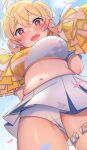  1girl absurdres ahoge blonde_hair blue_archive blush breasts cheerleader cowboy_shot from_below hair_between_eyes halo highres holding holding_pom_poms kotori_(blue_archive) kotori_(cheer_squad)_(blue_archive) large_breasts long_hair millennium_cheerleader_outfit_(blue_archive) navel official_alternate_costume open_mouth pleated_skirt pom_pom_(cheerleading) red_eyes shihoaitogi short_twintails skirt solo thigh_strap twintails white_skirt yellow_halo 