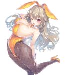  1girl :3 absurdres animal_ears bare_shoulders bow bowtie breasts brown_pantyhose bunny_(vocaloid) bunny_day cleavage covered_navel covered_nipples detached_collar fake_animal_ears fake_tail fishnet_pantyhose fishnets floating_hair from_above hair_between_eyes hand_on_own_thigh high_heels highleg highleg_leotard highres kiyama_satoshi komorebi_wanko large_breasts leaning_back leotard light_brown_hair long_hair looking_at_viewer one_eye_closed open_mouth orange_bow orange_bowtie orange_footwear orange_leotard pantyhose playboy_bunny rabbit_ears rabbit_tail red_eyes simple_background smile solo strapless strapless_leotard tail traditional_bowtie virtual_youtuber white_background wide_hips wrist_cuffs 