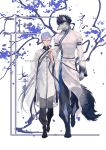  2boys animal_ear_fluff animal_ears artist_name bishounen black-framed_eyewear black_hair black_pants body_fur braid bug butterfly butterfly_on_hand changpao chinese_clothes chinese_text closed_mouth falling_petals full_body furry furry_male glasses grey_fur hand_up height_difference highres kinsatsu_(grizzled) long_hair long_sleeves looking_at_another looking_at_viewer low_ponytail male_focus mandarin_collar multiple_boys orange_eyes original pants parted_lips petals purple_eyes purple_hair round_eyewear see-through short_hair short_hair_with_long_locks side_slit sleeveless tail very_long_hair walking white_background wolf_boy wolf_ears wolf_tail 