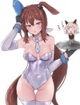  &gt;_o 2girls ;d admire_vega_(umamusume) animal_ears arm_up black_gloves black_leotard blush blush_stickers bow brown_eyes brown_hair chibi commentary_request covered_navel curren_chan_(umamusume) detached_sleeves ear_bow fishnet_pantyhose fishnets gloves grey_hair half_gloves highres holding holding_tray horse_ears horse_girl horse_tail leotard long_hair long_sleeves low_ponytail mini_person minigirl multiple_girls nyakonro_(nekonro) one_eye_closed pantyhose ponytail purple_eyes red_bow red_footwear simple_background smile standing standing_on_one_leg strapless strapless_leotard tail thigh_gap thighhighs translation_request tray umamusume very_long_hair white_background white_leotard white_sleeves white_thighhighs 