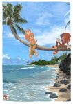  1boy 1girl :d blue_eyes blue_sky blush bracelet branch chzzei cloud eyewear_on_head highres jewelry knuckles_the_echidna ocean palm_tree rock sandals shore sitting sitting_on_branch sky smile sonic_(series) sonic_adventure sunglasses tikal_the_echidna tree water 