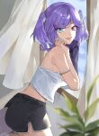  1girl asymmetrical_arms black_shorts blue_eyes braid dragon_girl dragon_tail hair_ornament hairclip head_wings heterochromia highres konchi_(63438789) medium_hair nijisanji nijisanji_en pointy_ears purple_eyes purple_hair purple_wings selen_tatsuki shorts solo tail tank_top twin_braids virtual_youtuber wings 