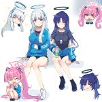  3girls blue_archive blue_buruma blue_eyes blue_footwear blue_hair blue_jacket blue_shirt blush bottle breasts buruma closed_eyes commentary_request crying grey_hair halo highres holding holding_bottle id_card jacket jacket_partially_removed knees_together_feet_apart kotone-kirigaya koyuki_(blue_archive) large_breasts long_hair looking_at_viewer mechanical_halo multiple_girls noa_(blue_archive) official_alternate_costume partially_unzipped pink_hair purple_eyes shirt short_sleeves simple_background sitting smile star_sticker sticker_on_face twintails water_bottle white_background white_footwear yuuka_(blue_archive) yuuka_(track)_(blue_archive) 