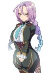  1girl alternate_breast_size blush braid breasts clorica_(rune_factory) commission frills highres large_breasts long_hair long_sleeves looking_at_viewer necktie pixiv_commission purple_hair rune_factory rune_factory_4 sakamata_(sakamata4) solo twin_braids white_background yellow_eyes 