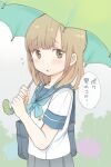  1boy bag blue_ribbon brown_eyes brown_hair green_umbrella grey_skirt holding holding_umbrella looking_at_viewer open_mouth original otoko_no_ko outdoors panties rain ribbon school_bag school_uniform skirt speech_bubble sweatdrop translation_request tsumura_chita umbrella underwear white_background 