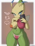  breasts celebi cellphone clothing female generation_2_pokemon hi_res holding_cellphone holding_object holding_phone legendary_pokemon nintendo one_breast_out panties phone pokemon pokemon_(species) solo thick_thighs underwear xabelha 