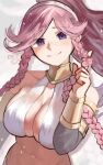  braid breasts chocojax cleavage collarbone dancer fire_emblem fire_emblem_awakening fire_emblem_heroes hairband highres large_breasts long_hair looking_at_viewer navel olivia_(fire_emblem) pink_hair playing_with_own_hair purple_eyes simple_background sparkle twin_braids white_background 