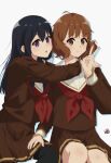  2girls ahoge black_hair brown_eyes brown_hair brown_serafuku brown_shirt closed_mouth curly_hair hand_on_another&#039;s_shoulder hibike!_euphonium highres kitauji_high_school_uniform kousaka_reina long_hair long_sleeves looking_at_viewer multiple_girls neckerchief oumae_kumiko pleated_skirt purple_eyes red_neckerchief sailor_collar school_uniform serafuku shirt short_hair sitting skirt smile v white_sailor_collar winter_uniform yoneyone_ya 