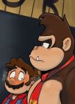  2023 anthro ape blush clothing digital_media_(artwork) donkey_kong_(character) donkey_kong_(series) duo facial_hair girl_staring_at_man&#039;s_chest gorilla haplorhine hi_res human jokesitos looking_at_another looking_at_chest male male/male mammal mario mario_bros meme necktie nintendo overalls pecs primate red_necktie shirt snaggle_tooth steam text topwear 