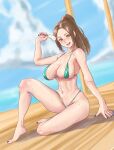  1girl absurdres bikini blue_sky blurry blurry_background breasts brown_eyes brown_hair check_commentary cleavage cloud cloudy_sky collarbone commentary commentary_request day dripping dutch_angle fatal_fury fingernails food green_bikini highres holding holding_food holding_ice_cream ice_cream knee_up large_breasts licking_lips lips looking_at_viewer nail_polish navel omaehasaigoni outdoors ponytail purple_nails sagging_breasts shiranui_mai sidelocks sitting sky stomach sweat swimsuit the_king_of_fighters thong_bikini toenail_polish toenails tongue tongue_out 