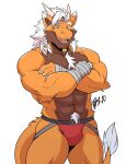  abs anthro biceps body_hair bulge chest_tuft claws clothed clothing dragon facial_hair fangs fingers fur furred_dragon hair horn jockstrap jockstrap_only koru lofnirv looking_at_viewer male muscular muscular_anthro muscular_male orange_body orange_fur scalie simple_background smile solo tail tail_tuft teeth topless tuft underwear underwear_only white_background white_hair 