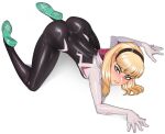  1girl all_fours ass black_headband blonde_hair blue_eyes full_body headband highres looking_at_viewer marvel medium_hair minicop2001 simple_background solo spider-gwen white_background 