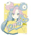  1girl :i border character_hair_ornament closed_mouth color_guide eyelashes hair_ornament hands_up heart highres iono_(pokemon) jacket long_hair looking_at_viewer off_shoulder on_shoulder pink_eyes pink_hair pokemon pokemon_(creature) pokemon_(game) pokemon_on_shoulder pokemon_sv shinx tokkyo_chuuyu upper_body white_border yellow_background yellow_jacket 