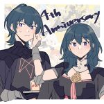  1boy 1girl anniversary black_gloves black_hair black_jacket blue_eyes brooch byleth_(female)_(fire_emblem) byleth_(fire_emblem) byleth_(male)_(fire_emblem) cake cheek_pull do_m_kaeru fire_emblem fire_emblem:_three_houses food garreg_mach_monastery_uniform gloves jacket jewelry looking_at_viewer medium_hair short_hair smile sweat 