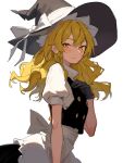  1girl black_gloves black_vest blonde_hair breasts closed_mouth commentary_request cowboy_shot gloves hand_up hat kirisame_marisa light_blush light_smile long_hair looking_at_viewer mrdoomguy simple_background sketch small_breasts solo touhou very_long_hair vest white_background witch_hat yellow_eyes 