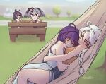  4girls ahoge alternate_costume angry artist_name blue_shorts braid breasts bronya_zaychik closed_eyes closed_mouth couple crossed_bangs day dress english_commentary girl_on_top grass grey_hair heart highres honkai_(series) honkai_impact_3rd kiana_kaslana lake long_hair looking_at_another lying medium_breasts multiple_girls on_back orange_tank_top outdoors raiden_mei raven_sng seele_vollerei short_hair shorts sitting sleeping tank_top tree v-shaped_eyebrows white_dress yuri 