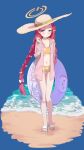 1girl absurdres beach bikini blue_archive blue_eyes blush bow braid closed_mouth commentary_request flat_chest full_body hair_bow halo hat highres holding holding_innertube innertube jacket long_hair open_clothes open_jacket orange_bikini pink_jacket red_hair sandals sanzoku solo standing swimsuit twin_braids very_long_hair water white_bow yuzu_(blue_archive) 