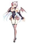  1girl absurdres alternate_costume bare_shoulders bat_wings blue_eyes blush bow breasts covered_navel earrings hair_bow highres jewelry keigen_hichou large_breasts long_hair lyseria_christaria official_art open_mouth red_bow seiken_gakuin_no_maken_tsukai thighhighs white_hair wings 