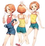  1girl absurdres blue_overalls blush breasts camisole codename47 denim denim_shorts highres ice_cream_bar idolmaster idolmaster_cinderella_girls looking_at_viewer multiple_persona orange_hair overall_shorts overalls ribs ryuzaki_kaoru short_hair shorts shoulder_blades simple_background small_breasts smile white_background yellow_camisole 