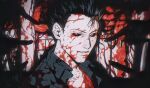  1boy absurdres black_hair black_sclera black_shirt blood blood_on_chest blood_on_clothes blood_on_face blood_on_wall bright_pupils collared_shirt colored_sclera highres looking_at_viewer male_focus mob_psycho_100 neige404 out_of_frame parted_lips pointing pointing_at_another portrait red_eyes shimazaki_ryo shirt short_hair solo_focus spiked_hair white_pupils 