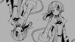  2girls absurdres asymmetrical_hair blunt_bangs braid bright_pupils chinese_commentary chis-a clone clothing_request coat commentary_request crying crying_with_eyes_open empty_eyes expressionless floating_hair greyscale haru_no_sekibaku_(vocaloid) head_tilt highres ivm7 long_hair long_sleeves looking_at_viewer monochrome multicolored_hair multiple_girls no_pupils open_clothes open_coat parted_lips raised_eyebrows rotational_symmetry simple_background sleeve_cuffs streaked_hair tears upper_body very_long_hair voisona 
