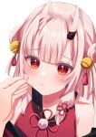  1girl 1other bare_shoulders bell blunt_bangs blush closed_mouth commentary double-parted_bangs double_bun fingernails hair_bell hair_between_eyes hair_bun hair_ornament hair_ribbon hololive horns junineu light_frown looking_at_viewer multicolored_hair nakiri_ayame nakiri_ayame_(1st_costume) off_shoulder oni_horns red_eyes red_hair red_ribbon red_shirt ribbon shirt simple_background skin-covered_horns sleeveless squeezing_cheeks streaked_hair tassel tassel_hair_ornament upper_body virtual_youtuber white_background white_hair 